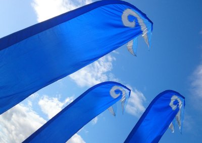 Blue event flags with wave patterns, adding a dynamic and festive touch to outdoor celebrations.