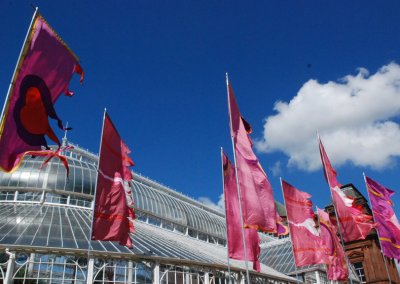 Custom pink flags, designed for heavy-duty use and built to withstand strong winds at outdoor events.