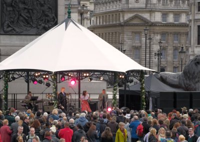 Elegant bandstand set up for hire at a festival event, perfect for live music performances and gatherings.