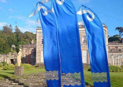 Blue Wave event flags with dynamic wave patterns, adding elegance and energy to an outdoor venue.