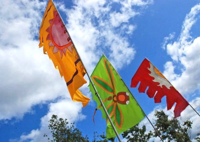 Vibrant festival flags for hire in the UK, creating a striking display at an outdoor event.