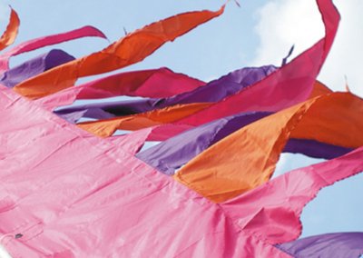 Large flag with a line of bunting flags attached below, creating a unique and festive decoration for outdoor events.