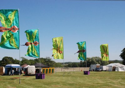 Custom green butterfly-shaped flags, tailored to match your festival theme and designed to enhance the event atmosphere.